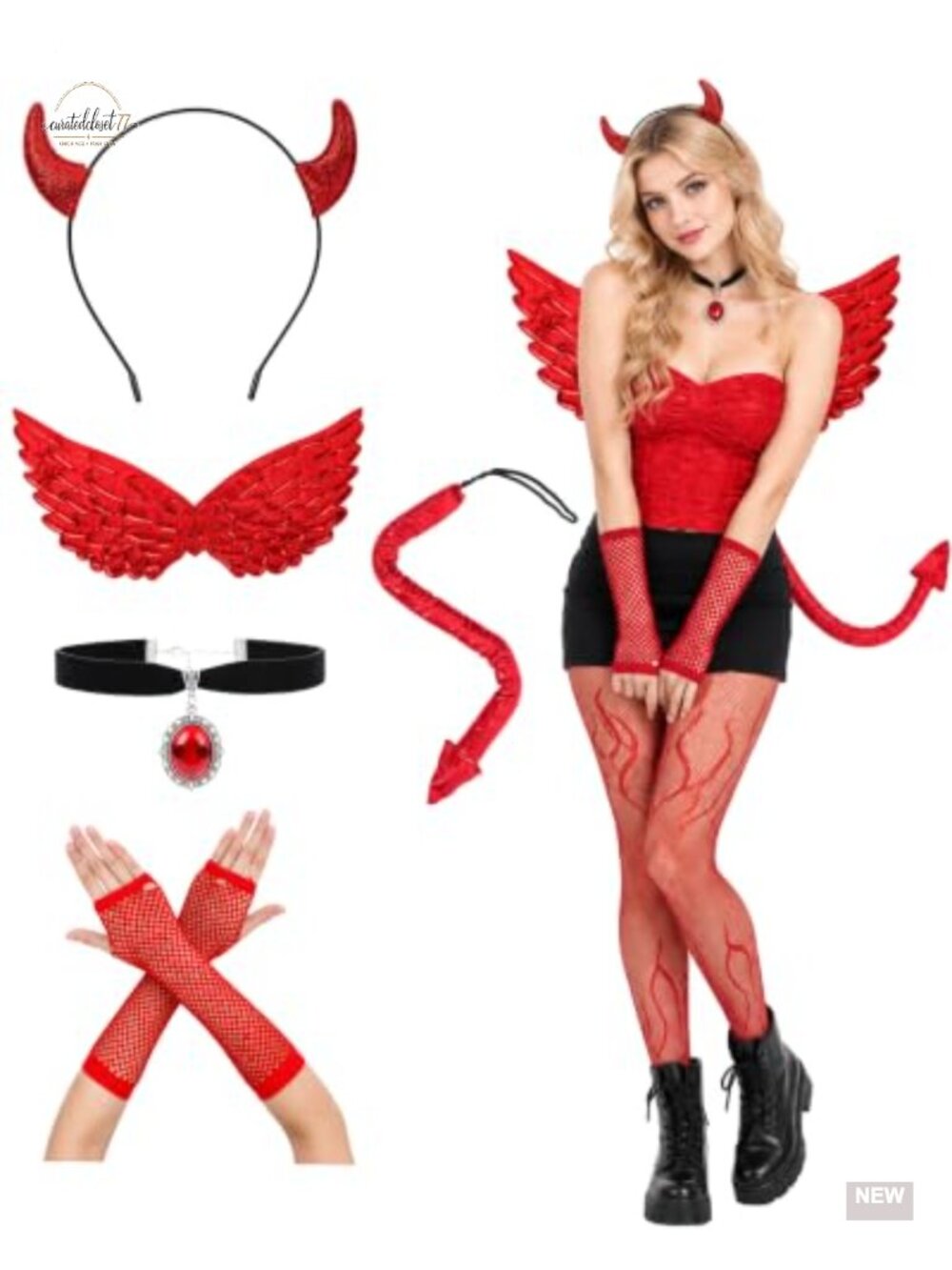 6 Pc Demon Costume Set Wings Headband Tail Fishnet Gloves Choker Halloween
